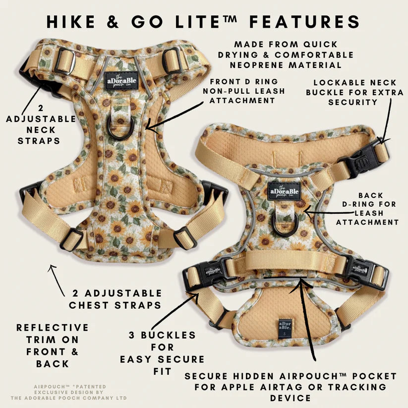 aDoraBle Pooch hike and go lite sunflower season dog harness features 