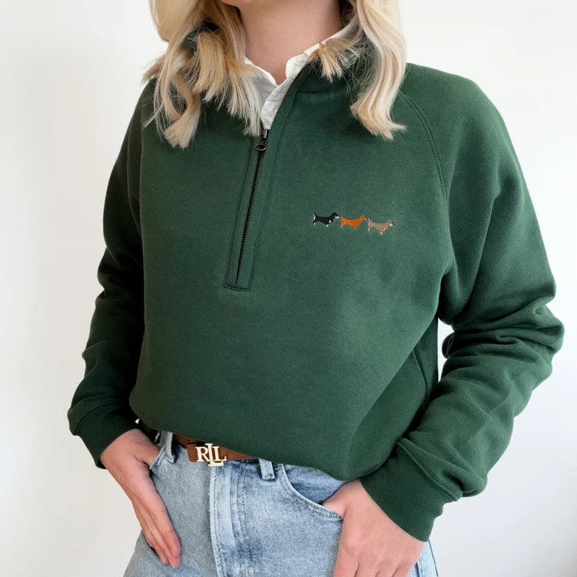 Adorable Pooch Embroidered Dachshund Zip Neck Sweatshirt – Forest Green at Maisey Daisey