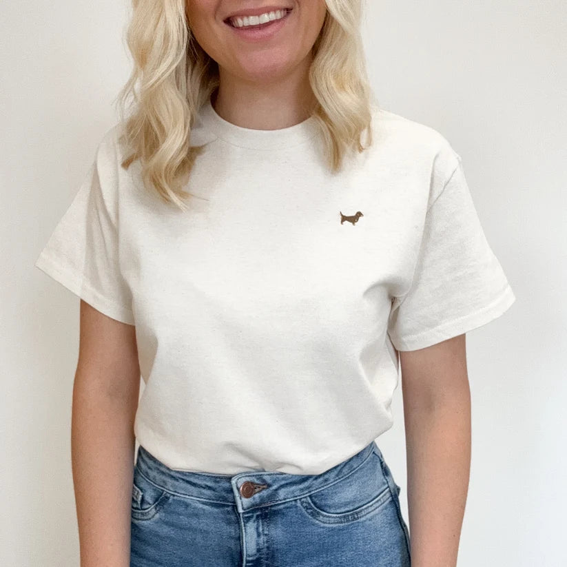 Adorable Pooch Embroidered Dachshund T-Shirt | Sausage Dog T-Shirt - Cream