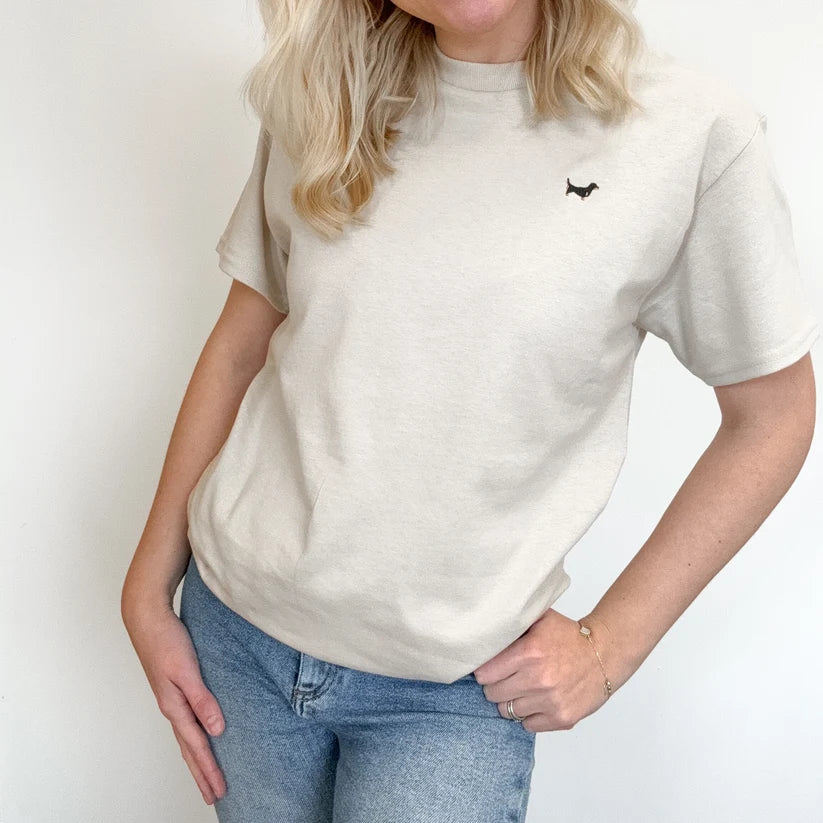 Embroidered Dachshund T-Shirt | Sausage Dog T-Shirt Sand