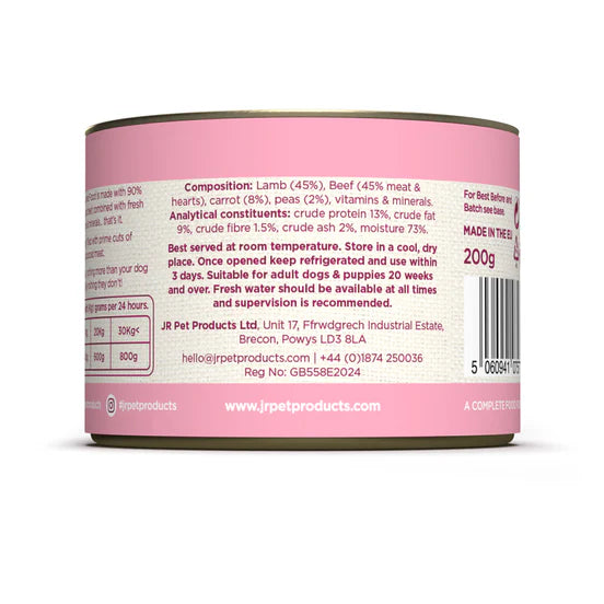 JR Complete Wellbeing wet dog food lamb and beef ingredients label