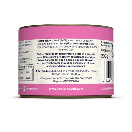 JR Pure complete Wellbeing wet dog food simply beef 200g back label