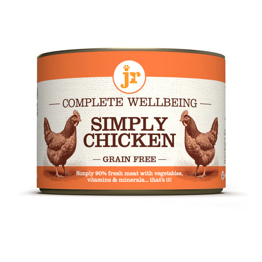 Can of 'Simply Chicken' grain-free pet food with JR logo on a white background