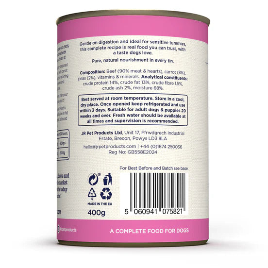JR Pure complete Wellbeing wet dog food simply beef 400g back label
