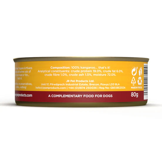 A 80g can of JR Pet Products Ltd. Kangaroo-style complementary food for dogs, showing the yellow and dark red label with white text on a white background.