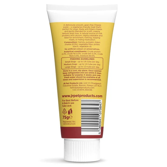 Back view of a pet food tube packaging with text and branding on a white background