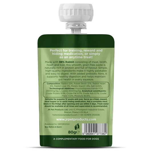 A green squeeze pouch of JRP Pet Products dog supplement, shown from the back with a white cap, on a white background.