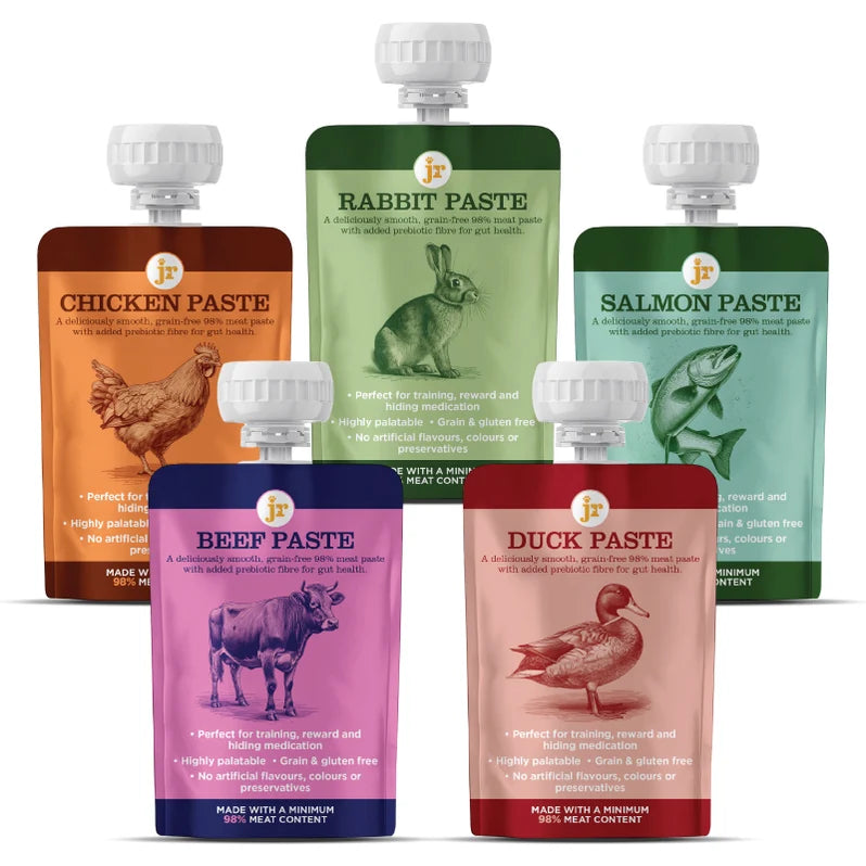 Buy JR Premium Paste+ Variety Pack for dogs at Maisey Daisey. Five grain-free chicken, beef, duck, rabbit and salmon pastes for training and rewards. Shop now!