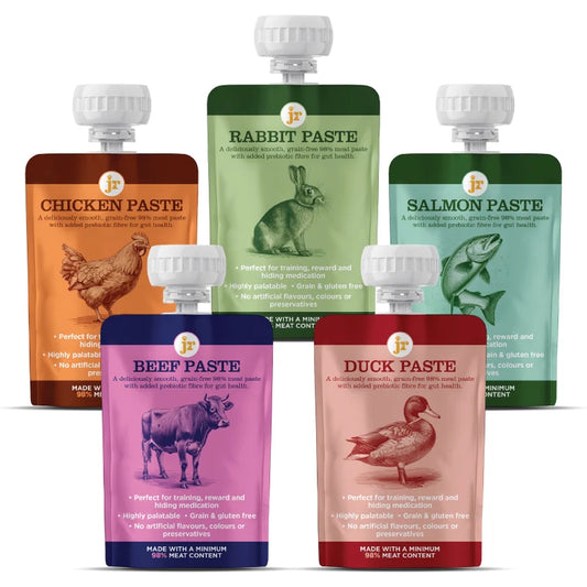 Buy JR Premium Paste+ Variety Pack for dogs at Maisey Daisey. Five grain-free chicken, beef, duck, rabbit and salmon pastes for training and rewards. Shop now!