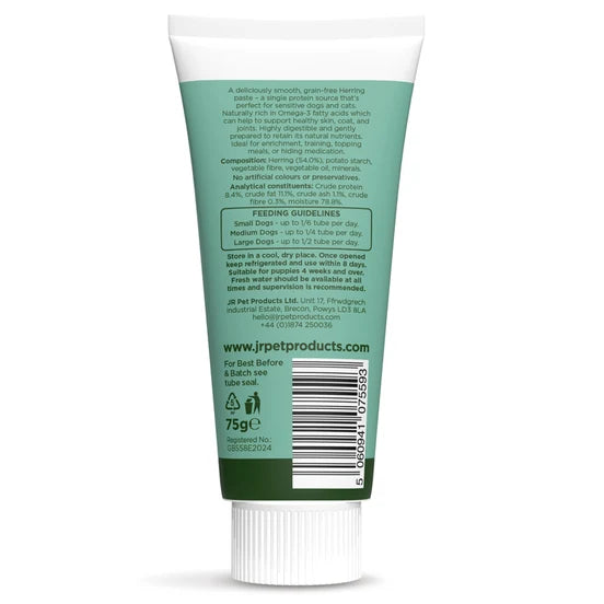 Tube of pet product with green label and white cap on a white background, JR Herring Fish Paste for Dogs | 54% Herring Dog Treat