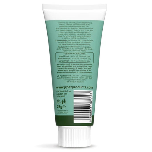 Tube of pet product with green label and white cap on a white background, JR Herring Fish Paste for Dogs | 54% Herring Dog Treat