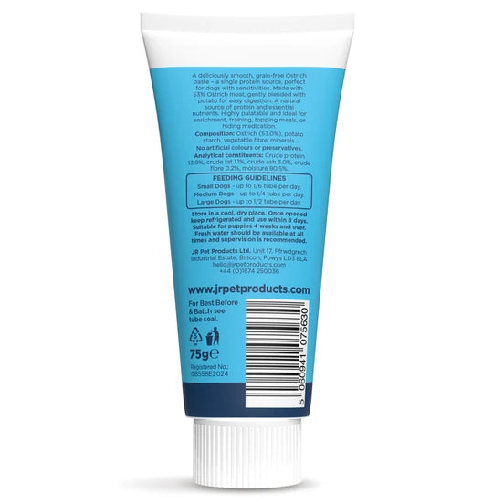 Back view of a pet product tube with blue label and white cap on a white background - Ostrich Paste for dogs