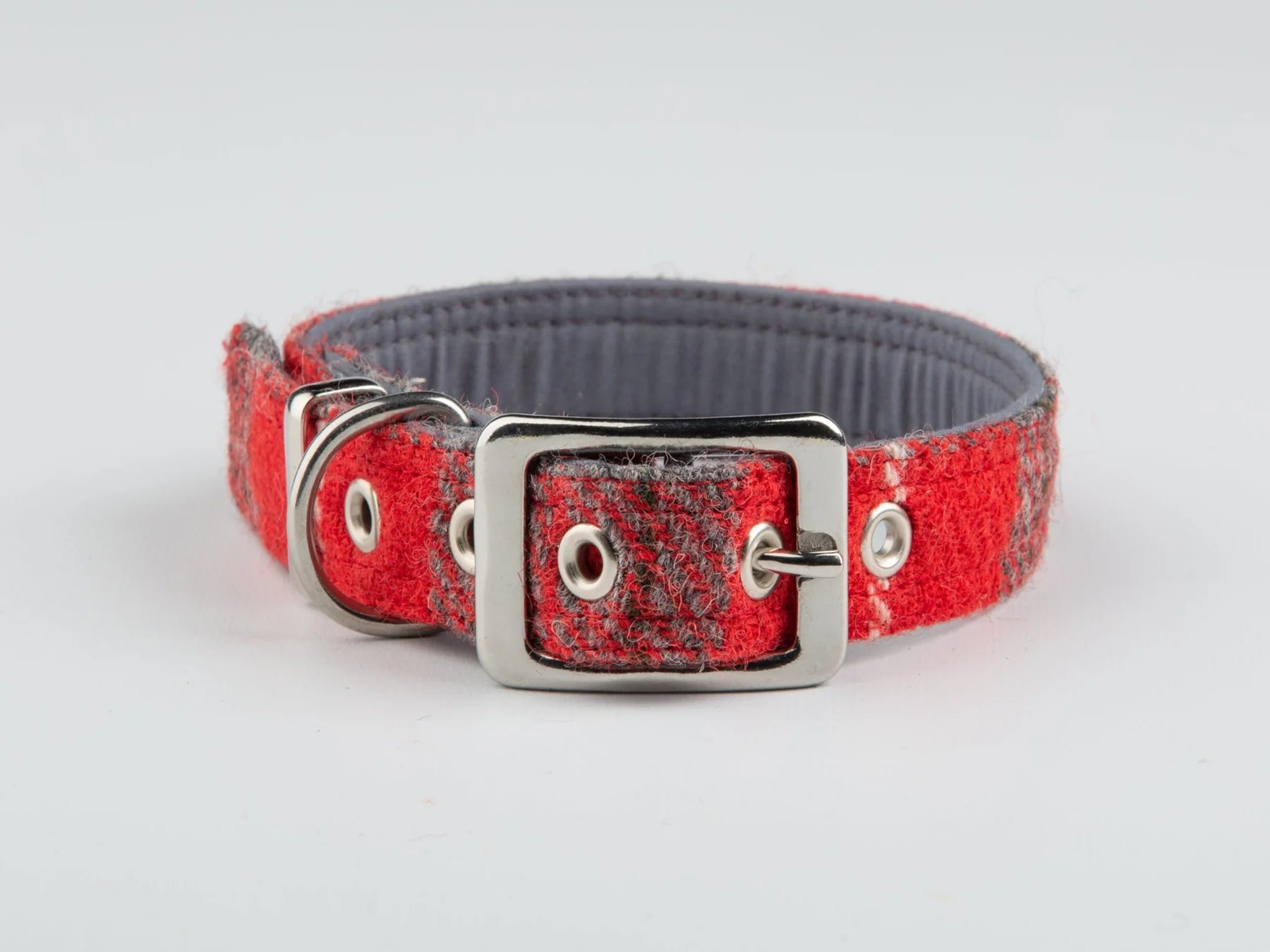 Harris Tweed Red & Grey Check Buckle Dog Collar