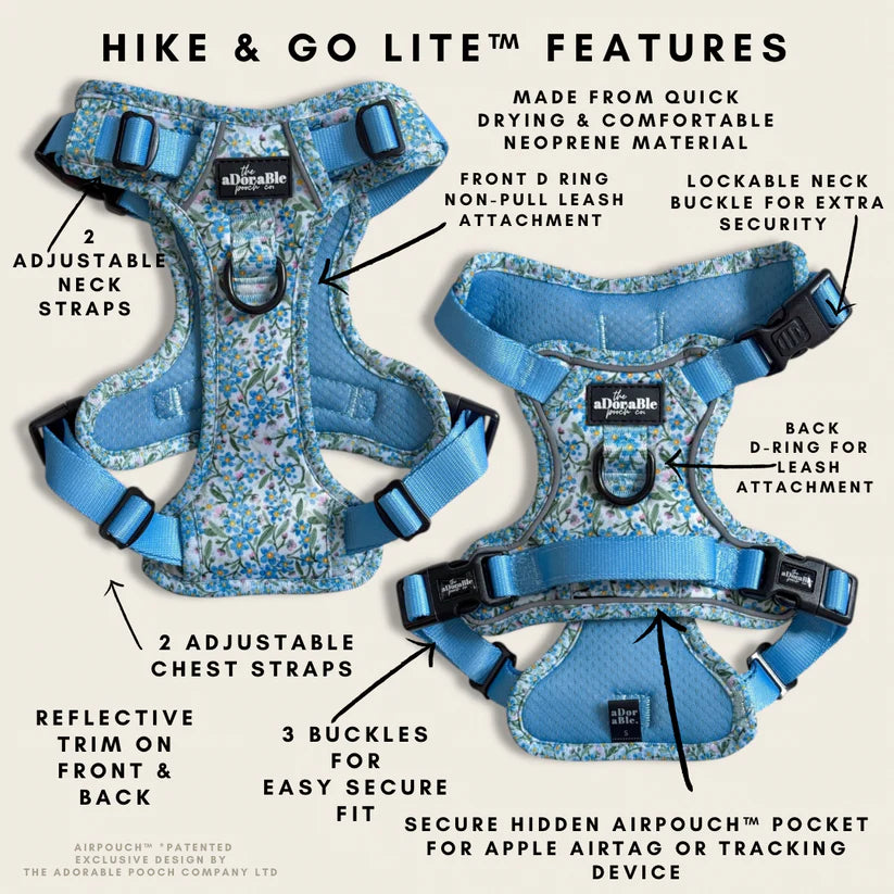 aDoraBle Pooch flourishing forget-me-nots hike and go lite dog harness features