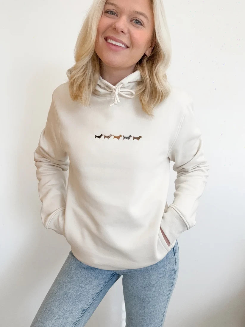 Adorable Pooch Embroidered Dachshund Hoodie | Organic Sausage Dog Hoodie - Ecru