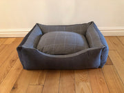 GB Settee Dog Bed Country Check Basset Blue Grey Velour