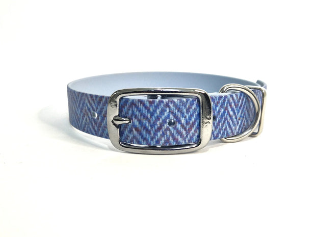 Blue herringbone tweed printed dog collar
