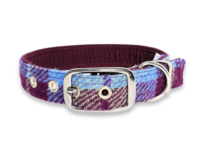 Harris Tweed Burgundy Blue Check Buckle Dog Collar