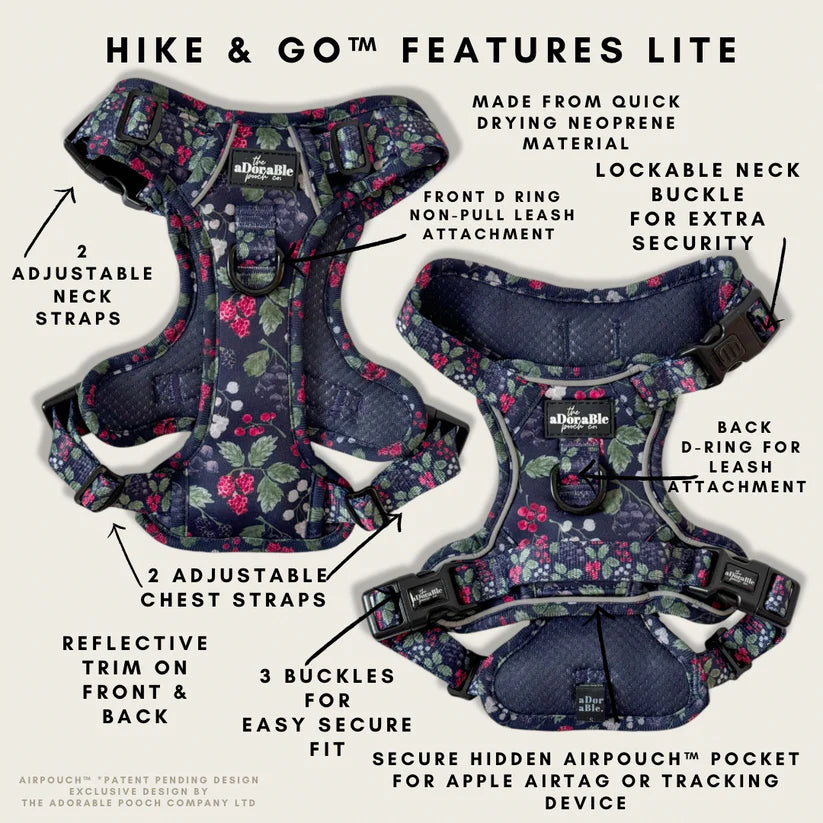 aDoraBle Pooch hike and go lite bramble berry dog harness features