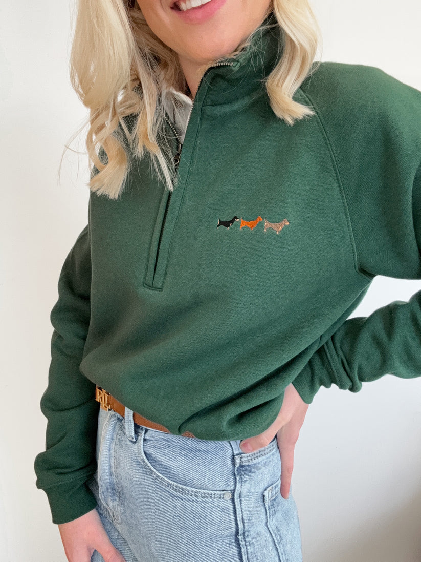 Embroidered Dachshund Zip Neck Sweatshirt – Forest Green Ladies  Sweatshirt