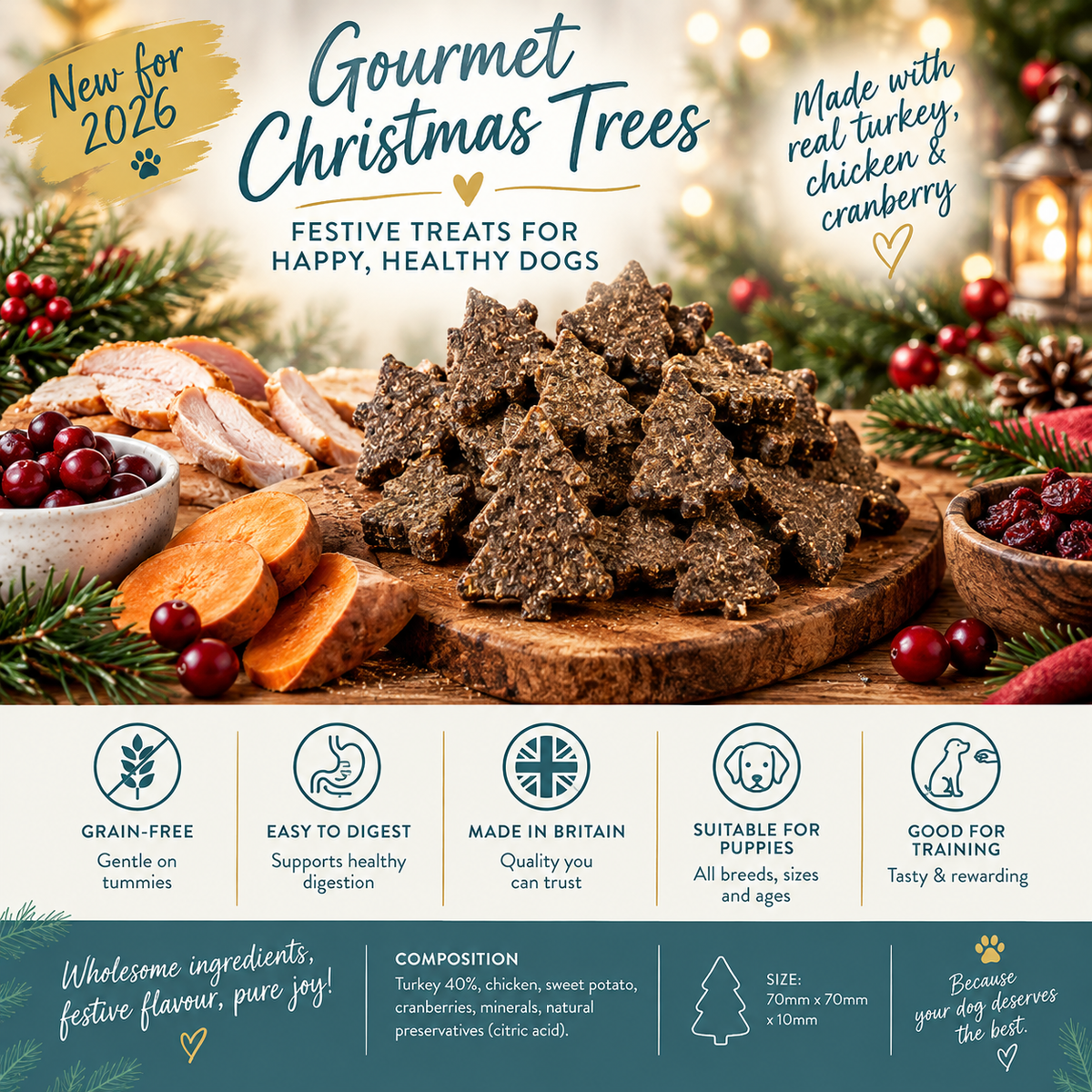 Christmas tree-shaped gourmet dog treats with turkey, chicken and cranberry