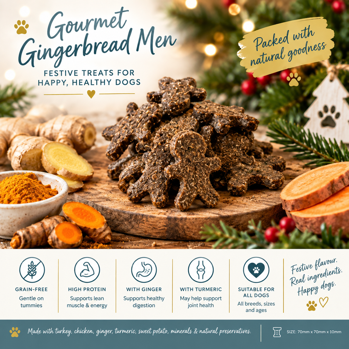 Christmas Gourmet Gingerbread Men dog treats with turkey, ginger and turmeric
