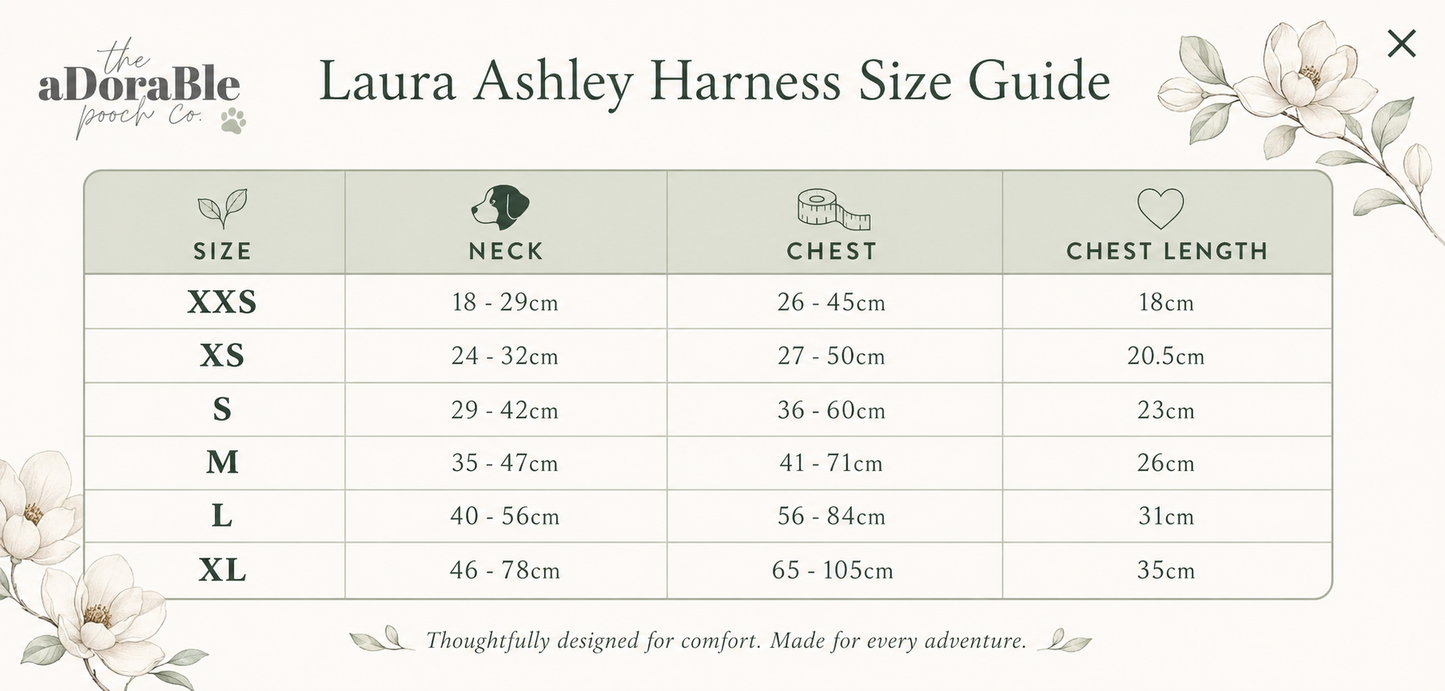 Laura Ashley Harness Size Guide with floral elements on a light green background