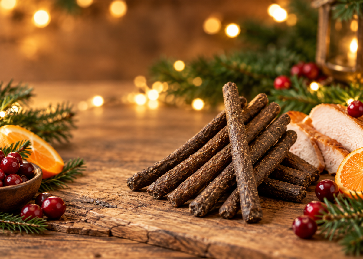 Festive Long Sausage Sticks for Dogs, Duck & Orange, 3 Bird Roast, Turkey & Cranberry - Healthy Natural Treats