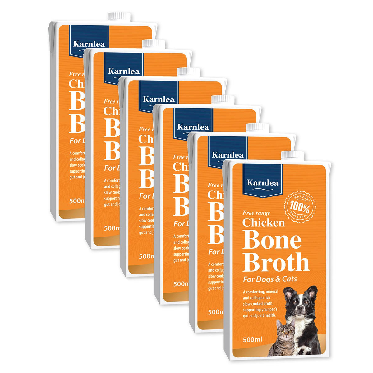 Six 500ml cartons of Karnlea Free Choice Chicken Bone Broth for Dogs & Cats arranged in a staggered fan layout on a white background.