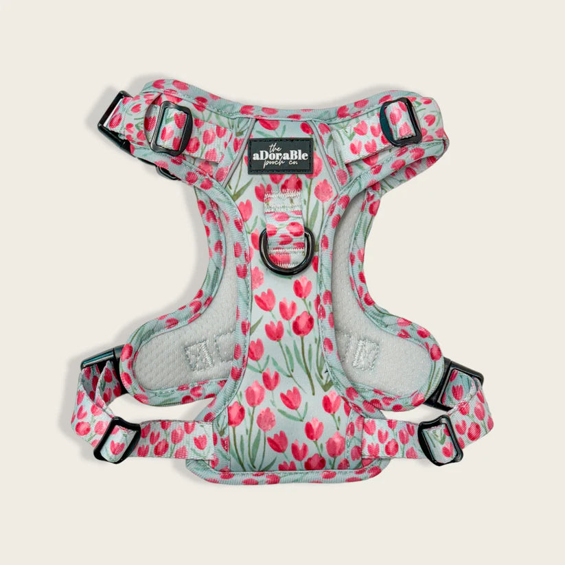 Timeless Tulips Dog Harness – Lite, AirTag Pocket, No Pull, Adjustable Adorable Pooch Hike & Go Lite