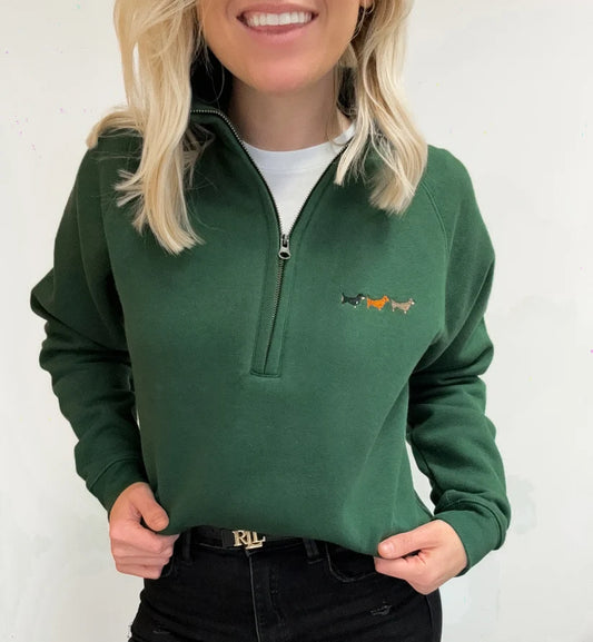 Adorable Pooch Embroidered Dachshund Zip Neck Sweatshirt – Forest Green