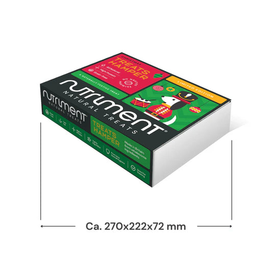 Box of Nutriment natural treats for pets with dimensions indicated.