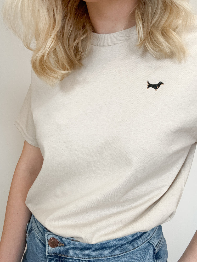 Adorable Pooch Embroidered Dachshund T-Shirt,  Sausage Dog T-Shirt - Sand