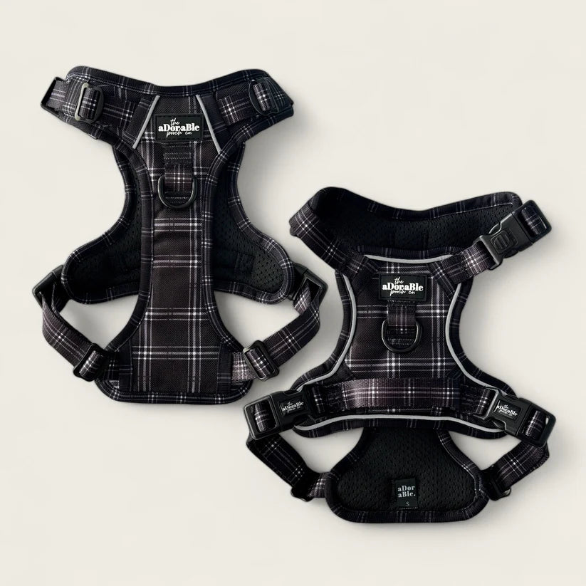 aDoraBle Pooch hike and go noir plaid dog harness