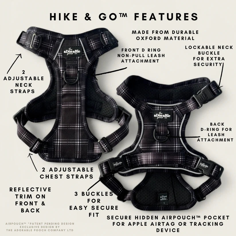 aDoraBle Pooch hike and go noir plaid dog harness features
