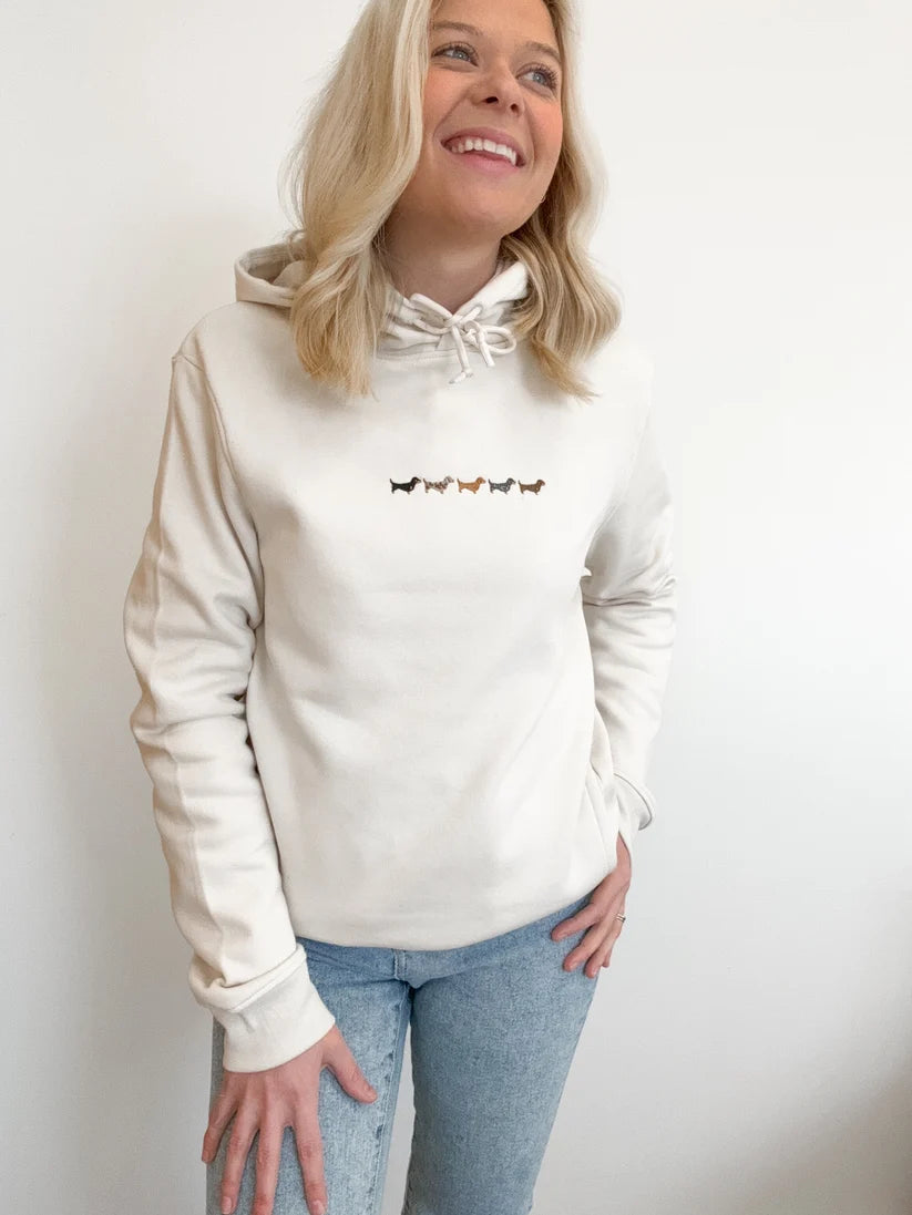 Adorable Pooch Embroidered Dachshund Hoodie Organic Sausage Dog Hoodie - Ecru