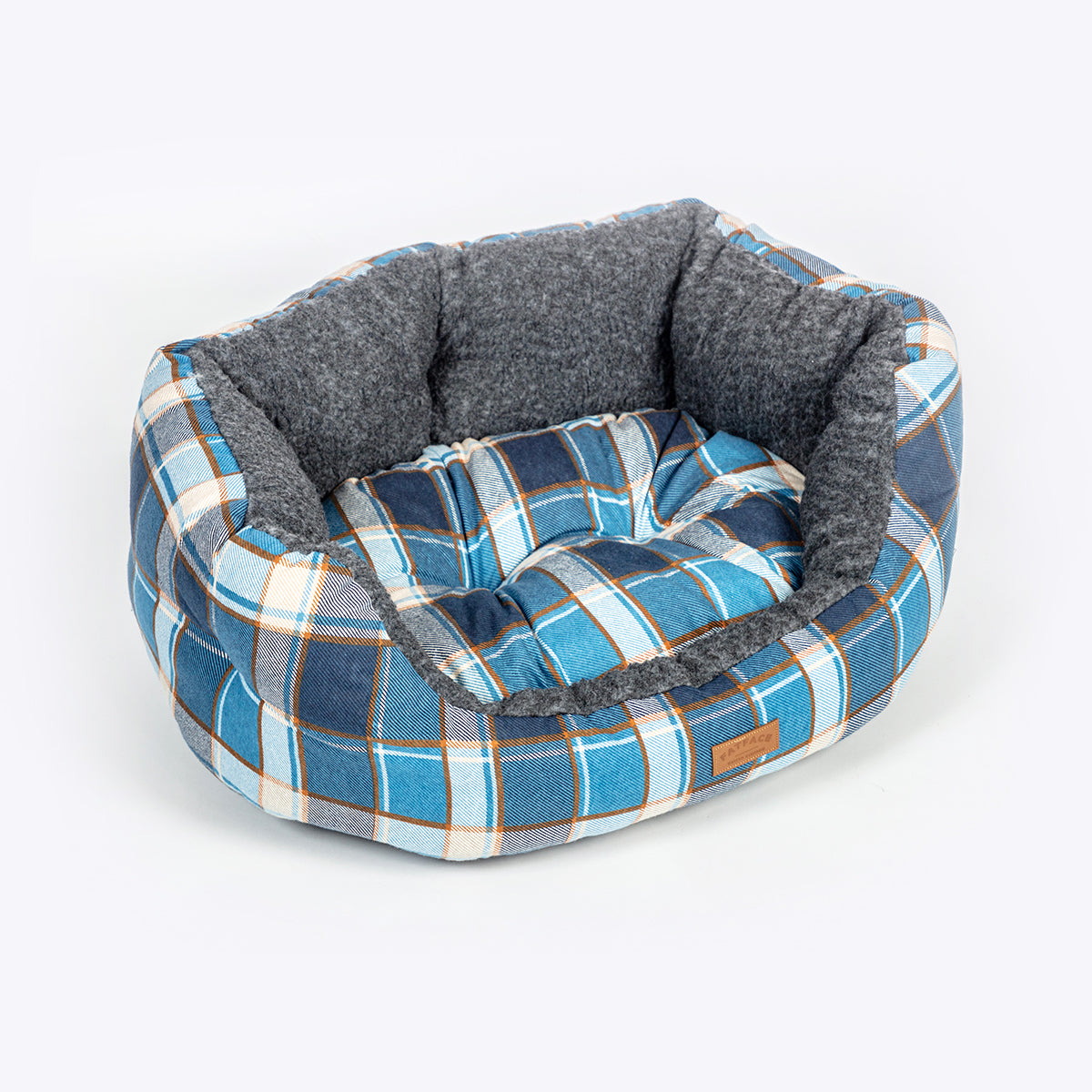 FatFace Fleece Blue Check Deluxe Slumber Dog Bed High Bolster Back