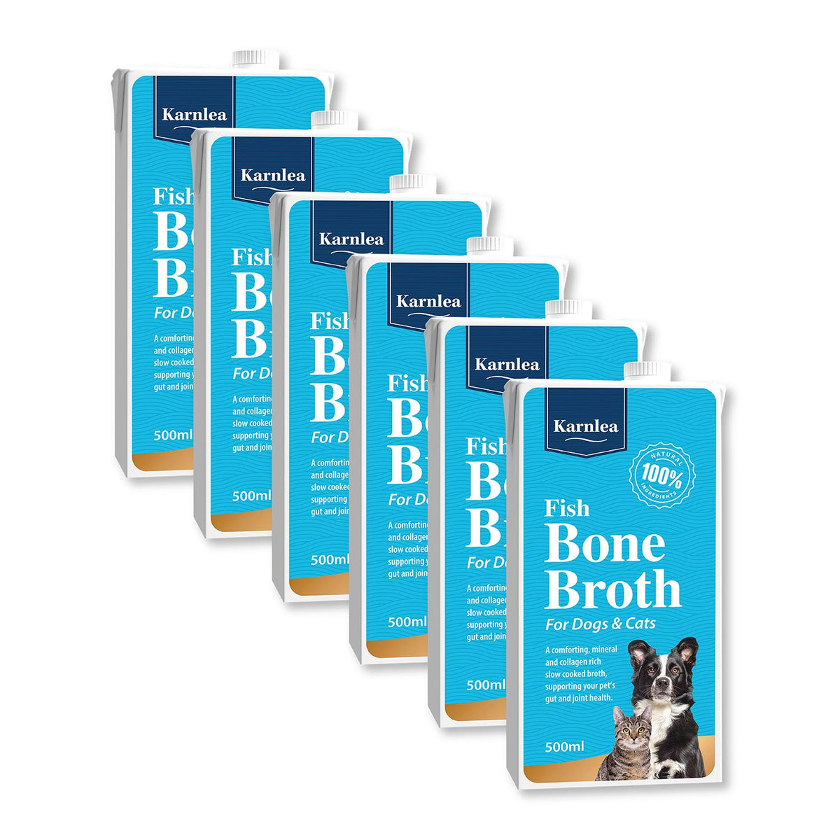 Six Karlea Fish Bone Broth 500ml liquid pet food pouches arranged in a staggered fan pattern on a solid white background.