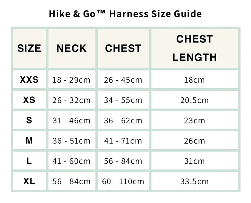 Hike & Go Harness Size Guide with neck, chest, and chest length measurements.