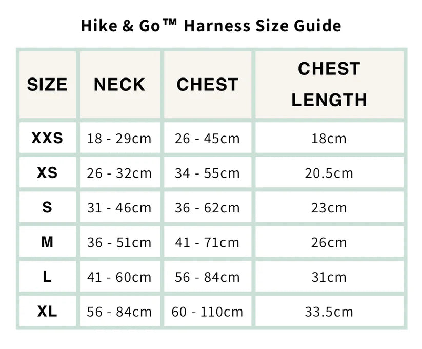 Hike & Go Lite Harness Size Guide