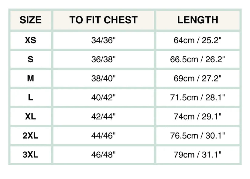 A size chart table showing sizes XS through 3XL, with chest measurements in inches and centimeters, and corresponding garment lengths.