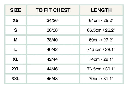 A size chart table showing sizes XS through 3XL, with chest measurements in inches and centimeters, and corresponding garment lengths.