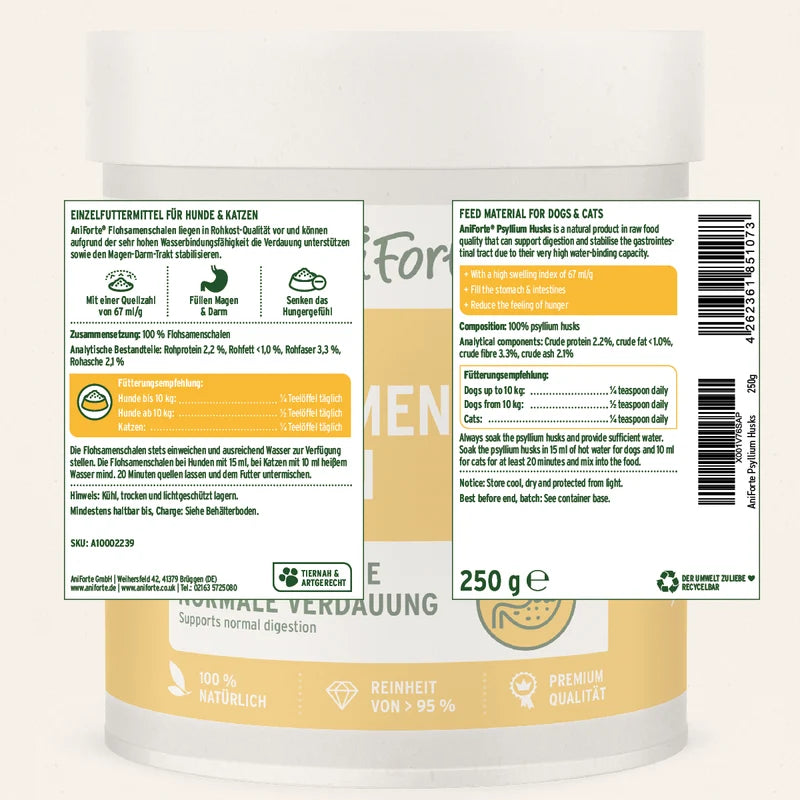 A cylindrical white cat food container shown from the back, displaying detailed German text labels, a barcode, and a yellow band near the bottom.