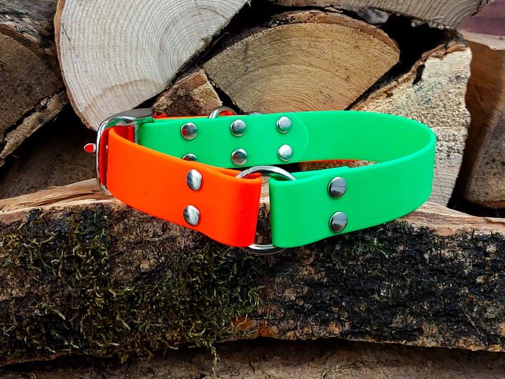 waterproof Dog Collar UK made Multi Coloured  Neon green & orange