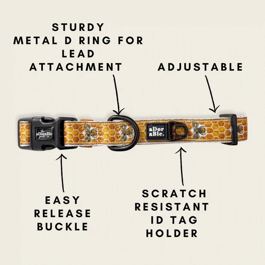 aDoraBle Pooch honeycomb hive dog collar features