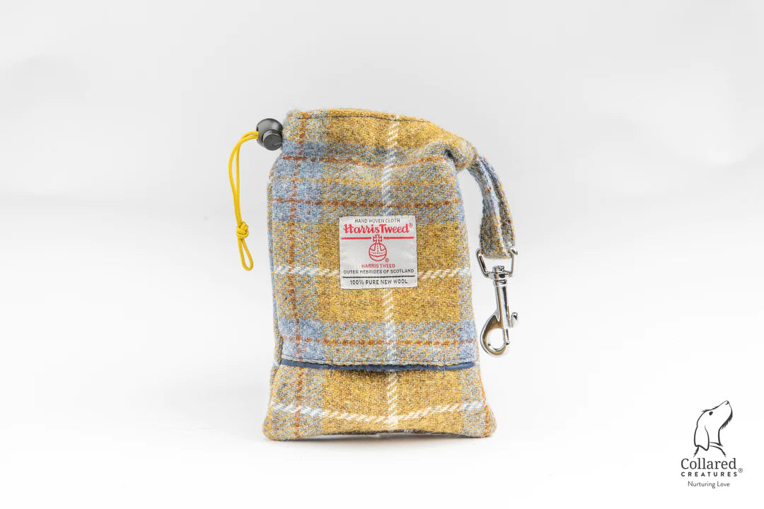 Harris Tweed dog treatbag mustard & blue check