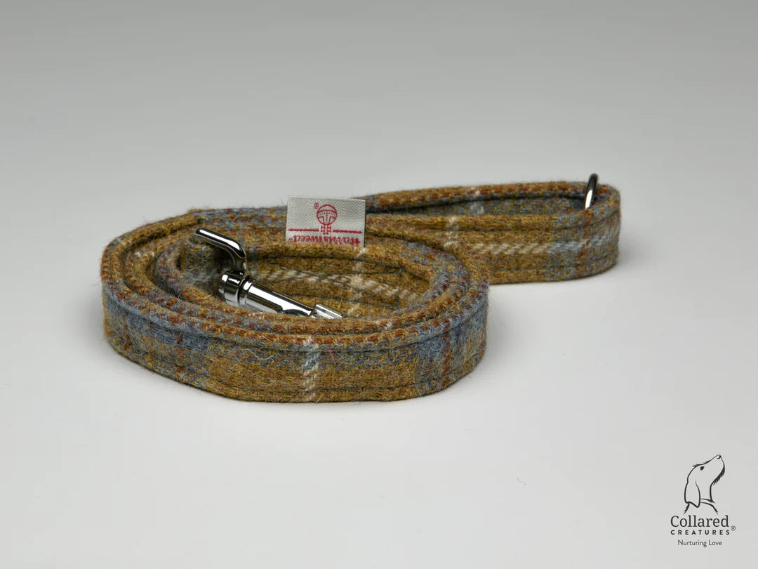 Harris Tweed dog lead mustard & blue check