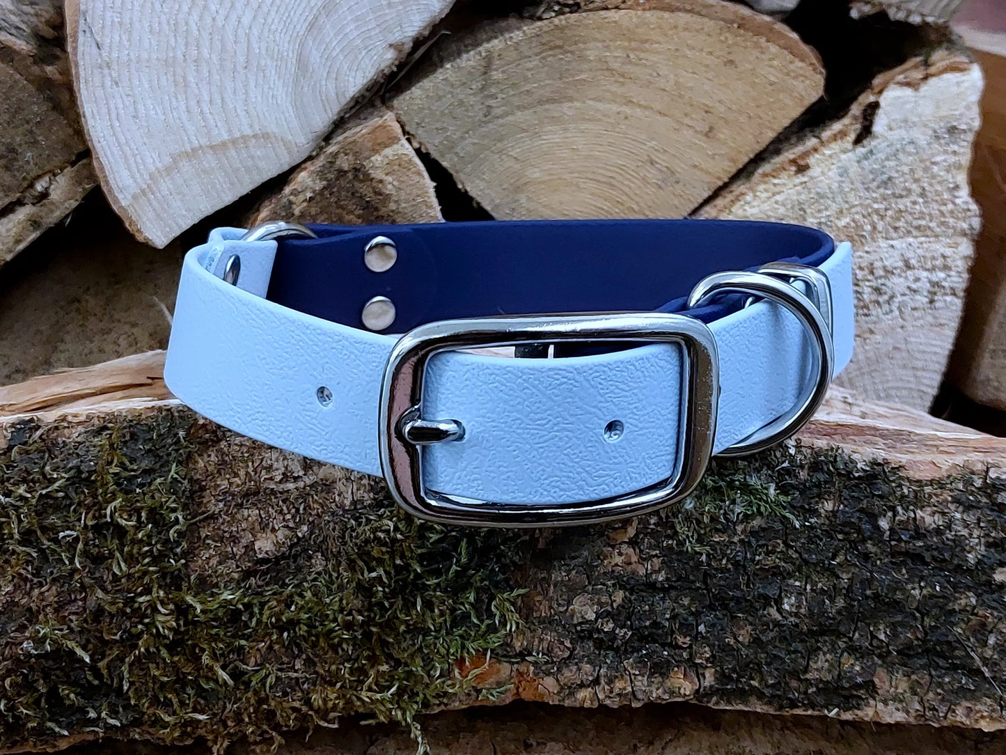 waterproof Dog Collar UK made Multi Coloured Navy & Pastel BlueNv