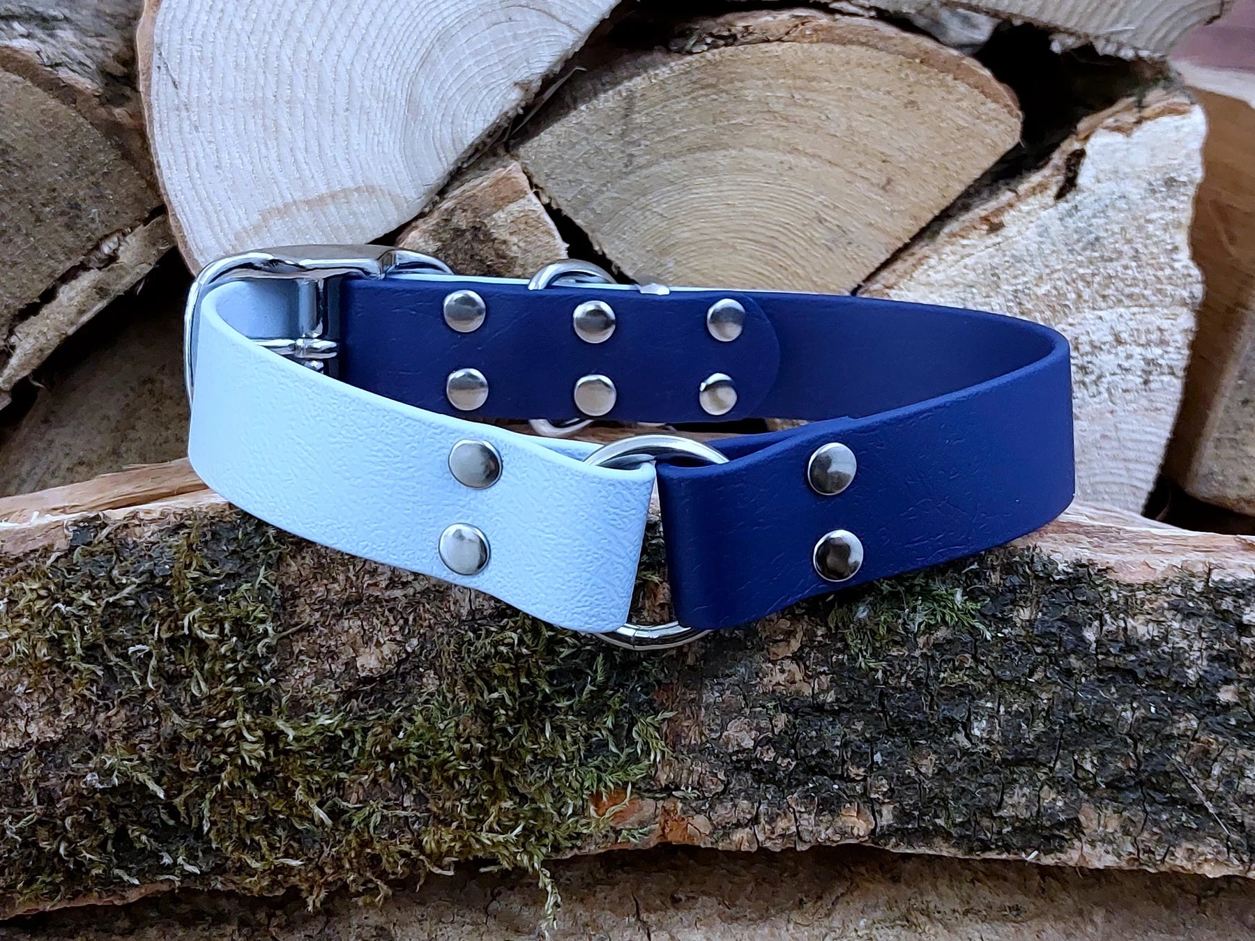 waterproof Dog Collar UK made Multi Coloured  Pastel Blue & Navy