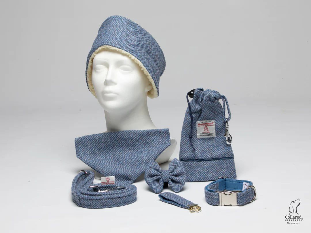 Harris Tweed Blue herringbone matching collar and lead collection